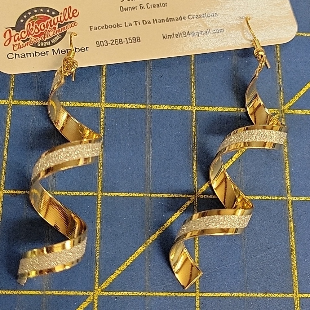 Gold Tone Glittered Swirl Twisted 2.5" Earrings